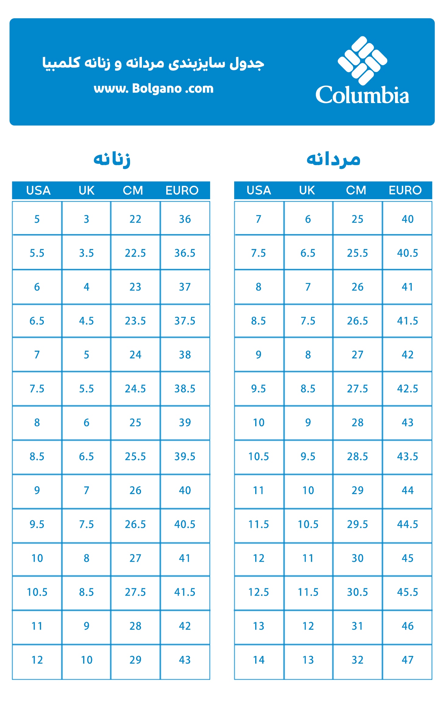راهنمای انتخاب سایز - Columbia